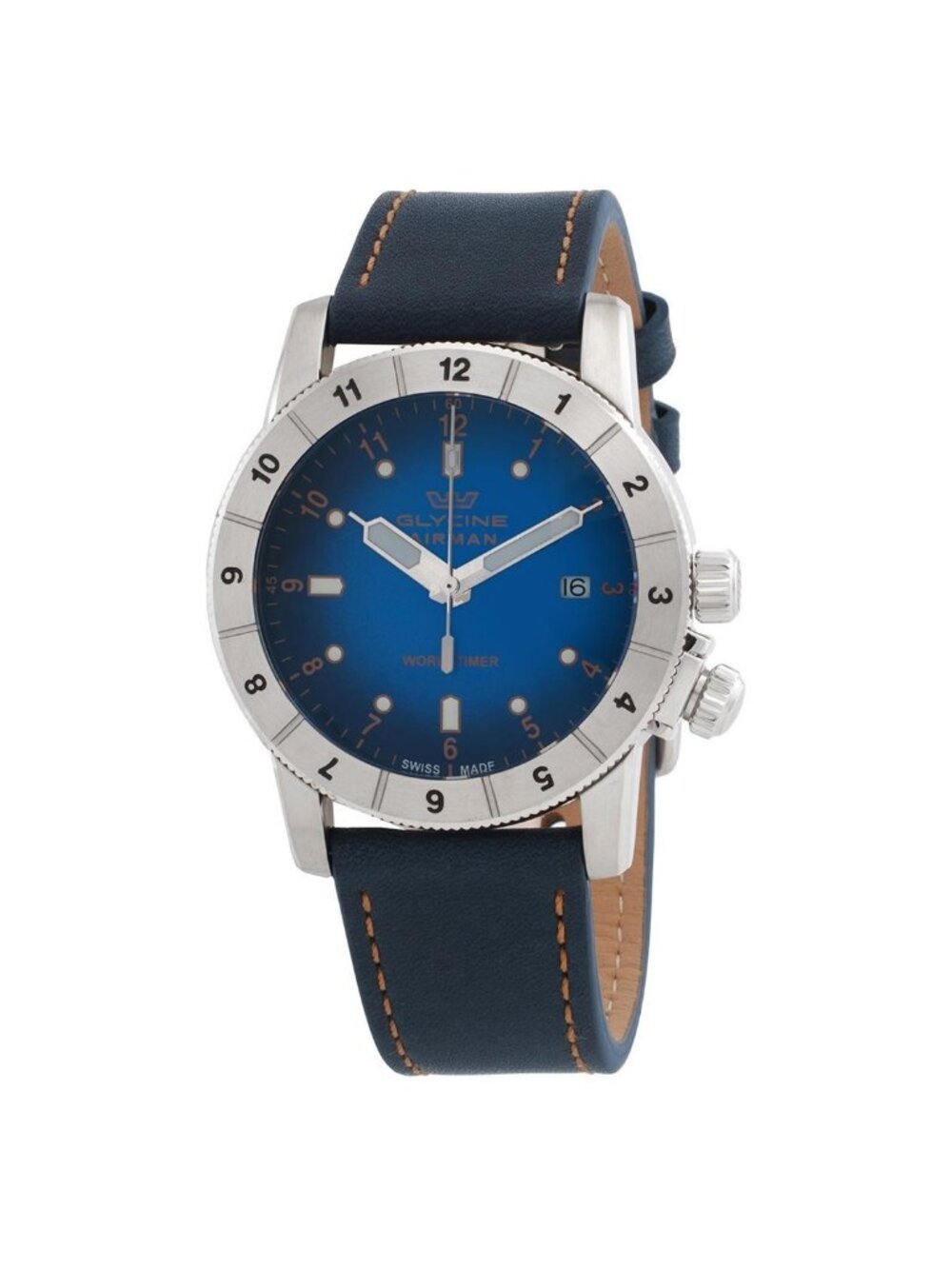 NWT Glycine Airman Contemporary Worldtimer Quartz Blue Dial Men's Watch